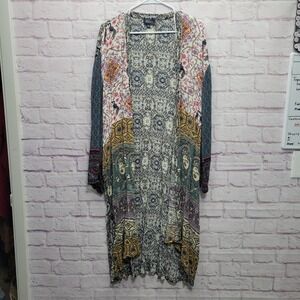 GiGio Open Front Floral‎ Kimono Cardigan Womens L Hippie Boho Duster Lounge